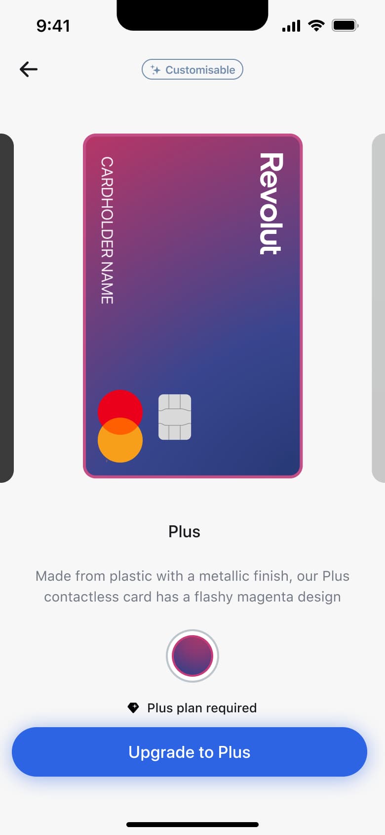 Plus card design with plan required badge and upgrade button.