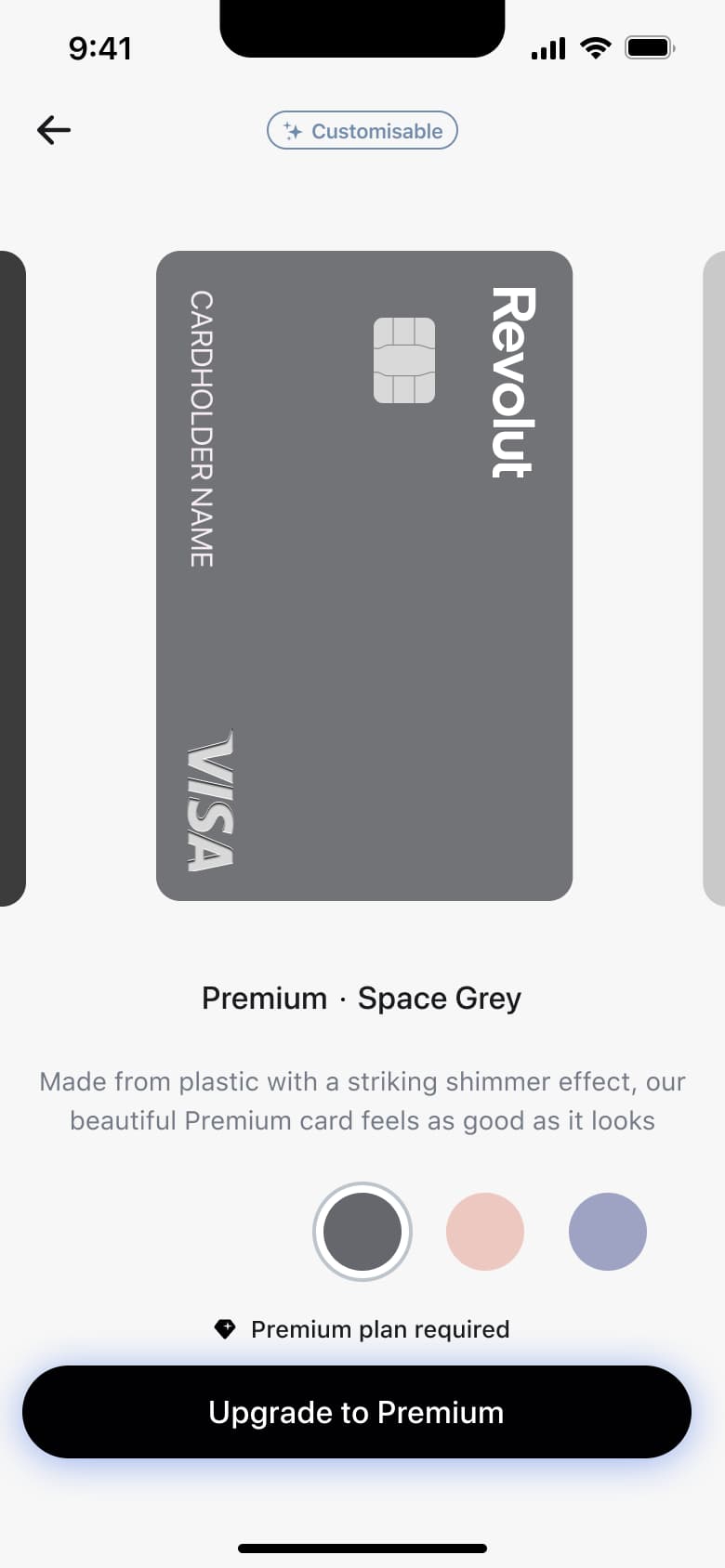 Premium card design in space grey with upgrade button.