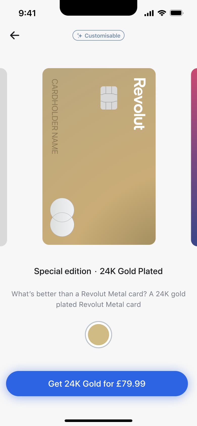 Special edition gold card with purchase price button.