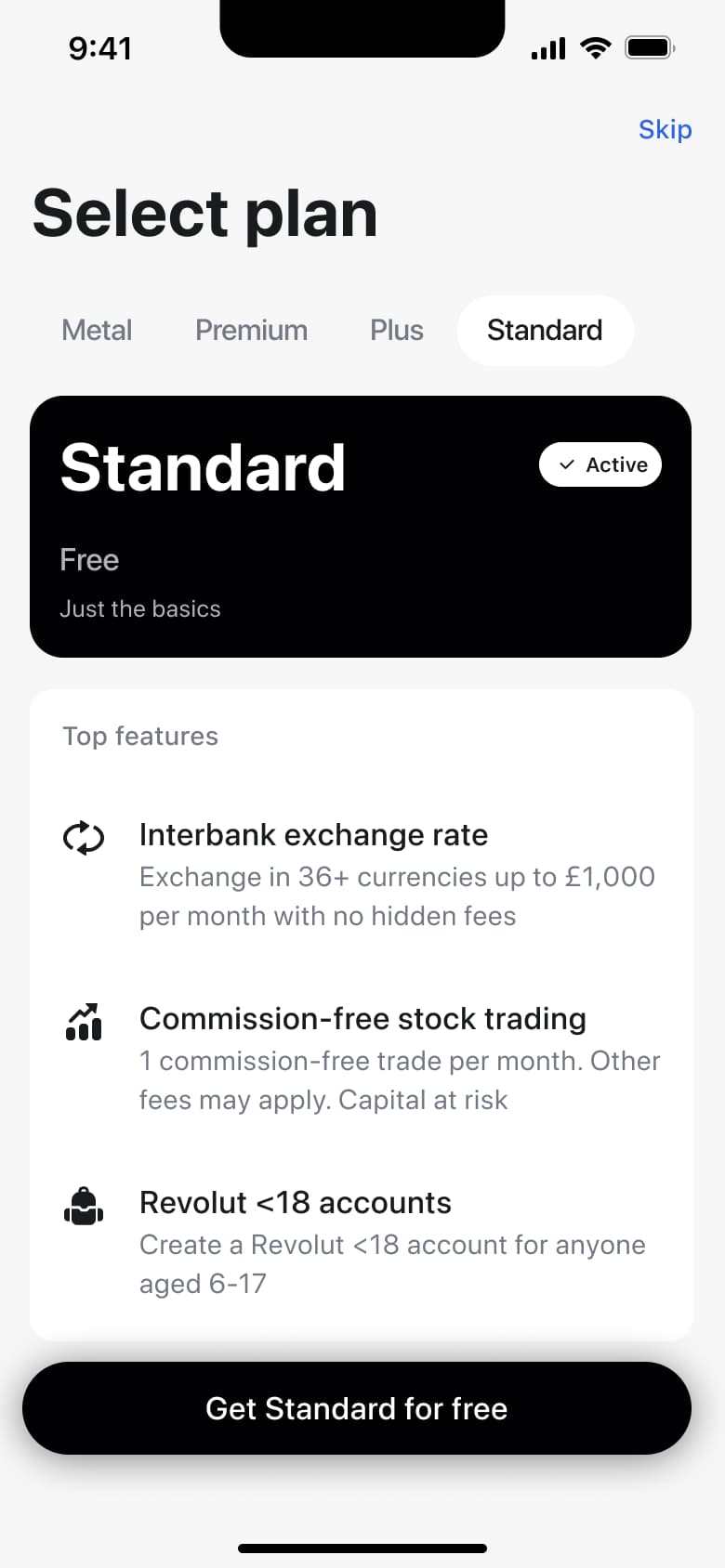 Free standard plan selected with get for free button.