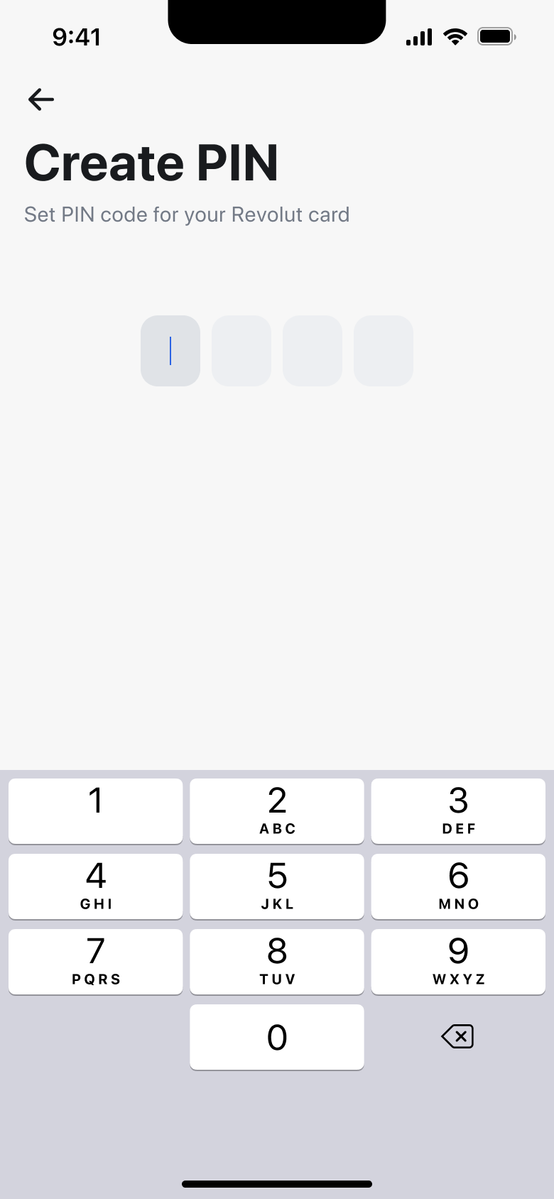 Create a card PIN with four boxes and keypad.