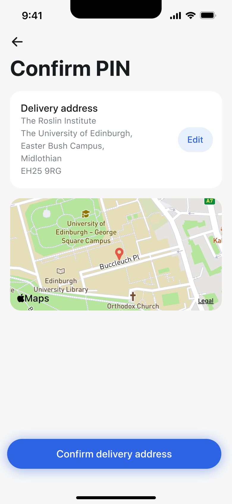 Confirm delivery address with address card, edit and map preview.