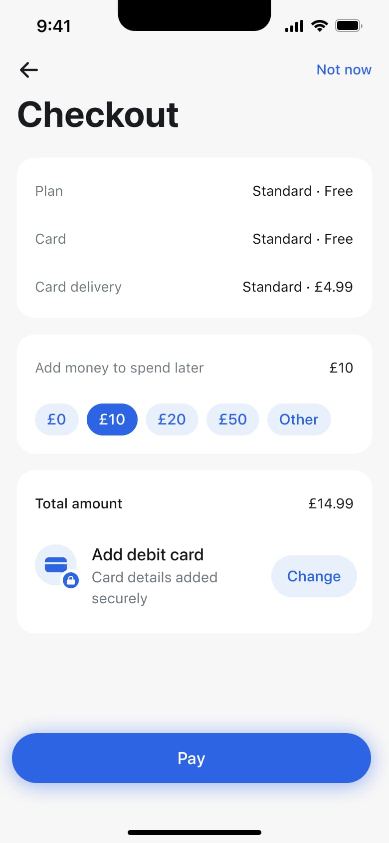 Card checkout: plan, card and delivery fee, add money chips, total and pay button.