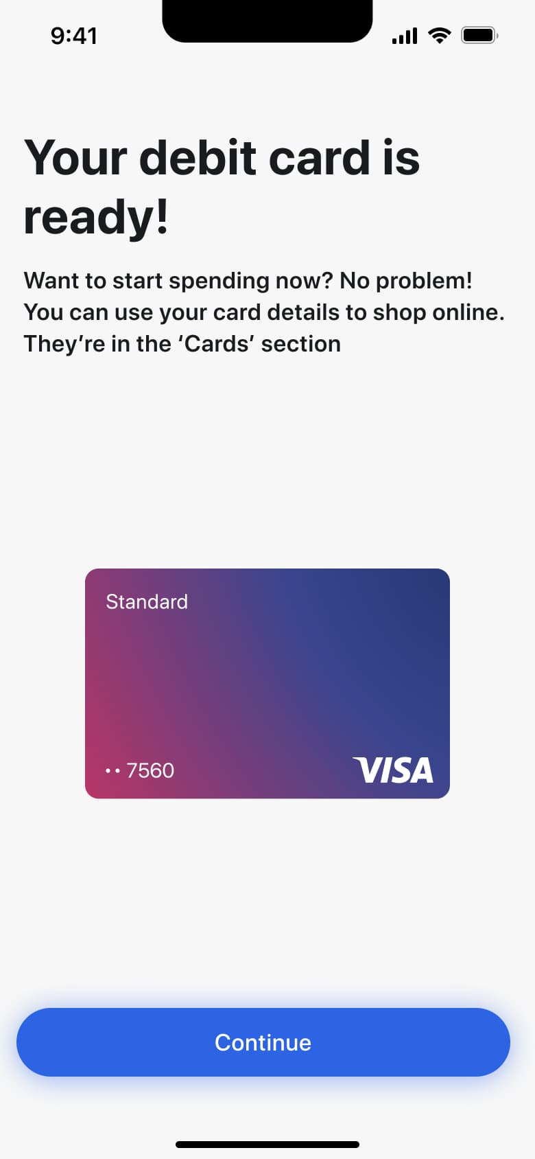 Your debit card is ready: virtual card preview with continue.