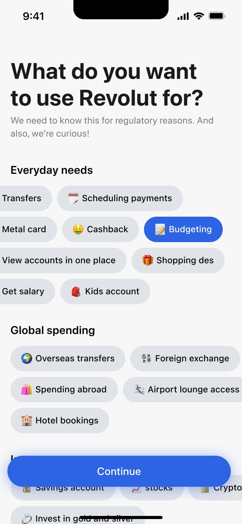 Usage interest chips with budgeting selected, continue enabled.