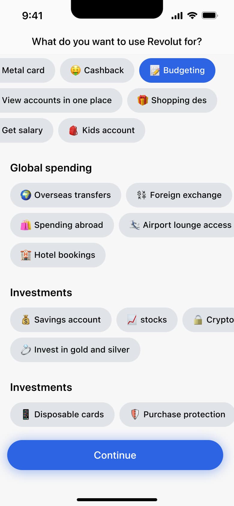 Usage interest chips scrolled to investments, budgeting selected.