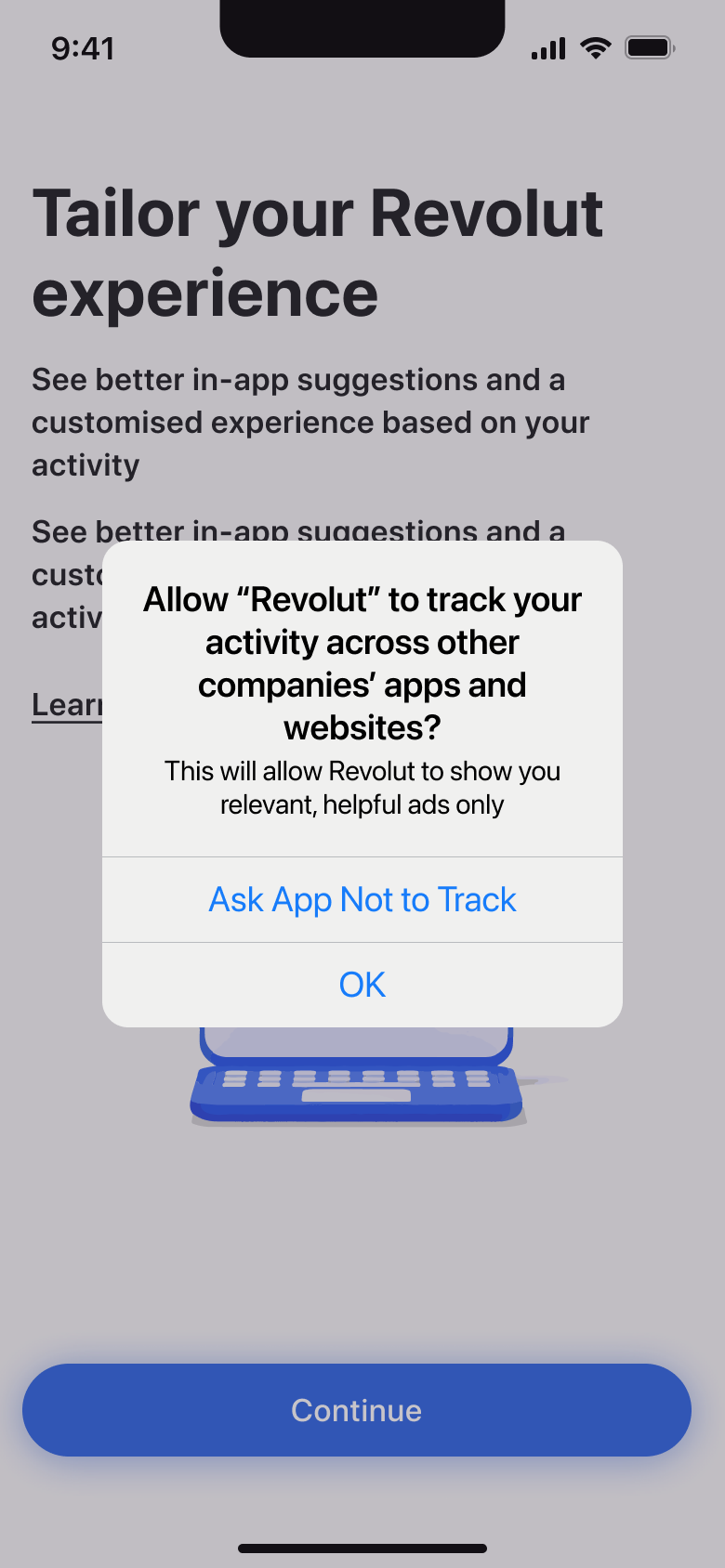 App tracking transparency system alert asking to allow tracking.