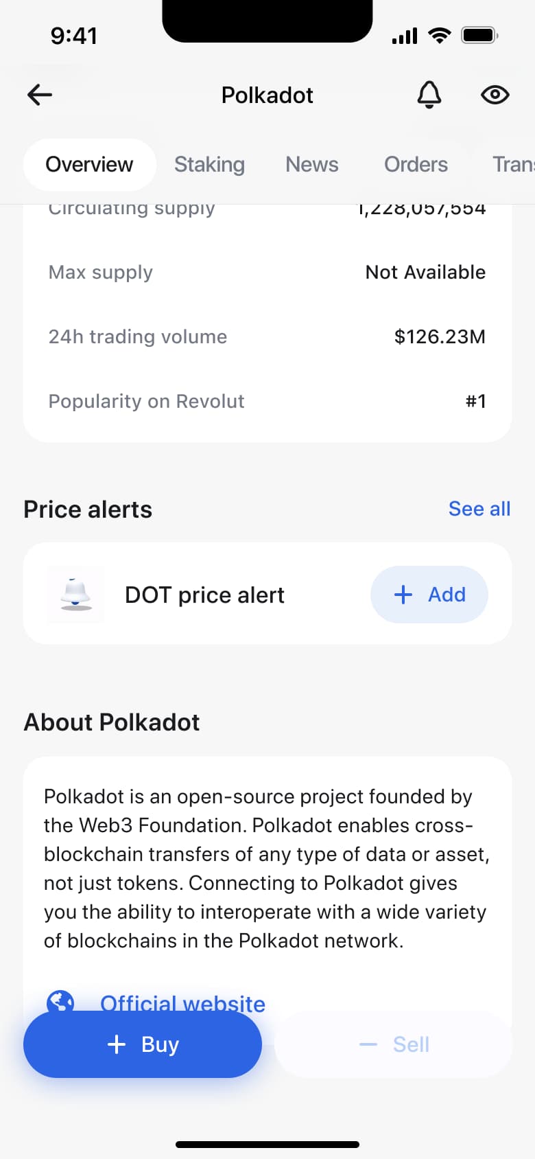 Crypto asset price alerts and about section.