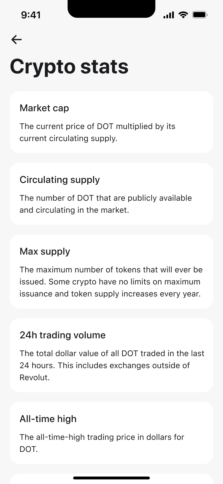 Crypto stats explainer cards: market cap, supply, volume and all-time high.
