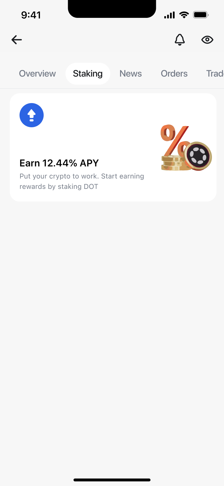 Crypto asset staking tab with earn yield card.