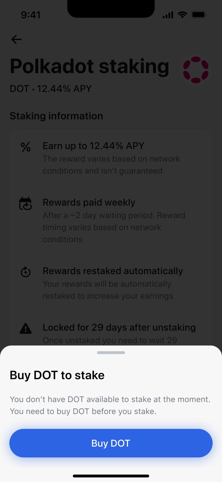 Buy to stake sheet: no balance to stake, buy button.