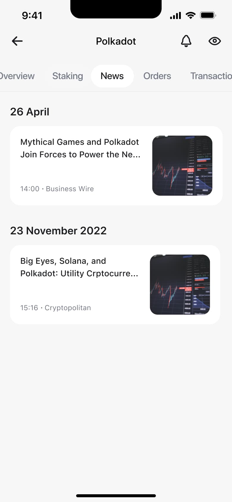 Crypto asset news tab with dated headlines.
