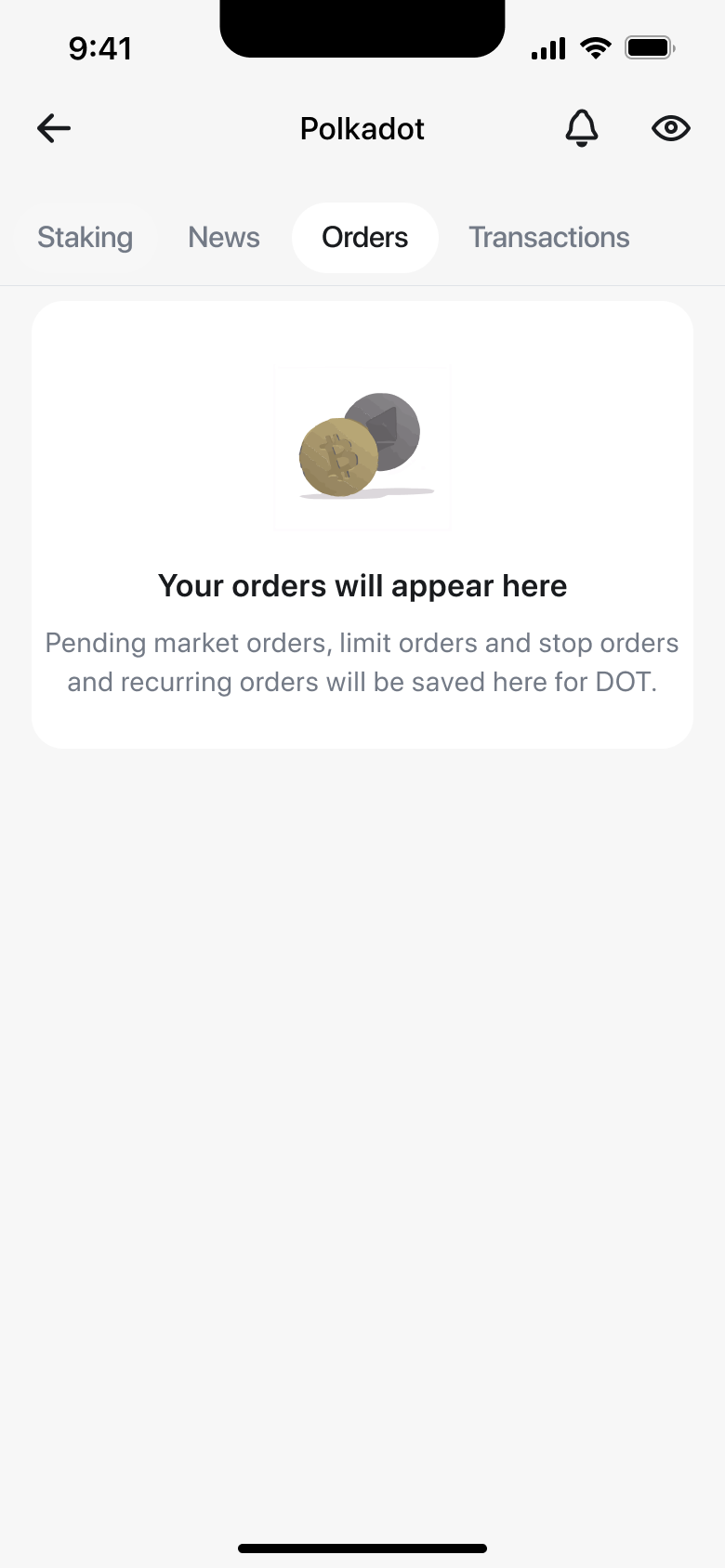 Crypto orders tab empty state.