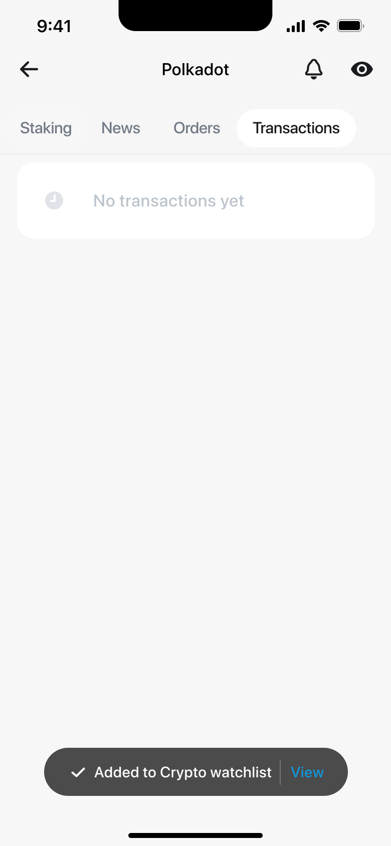 Added to crypto watchlist toast.