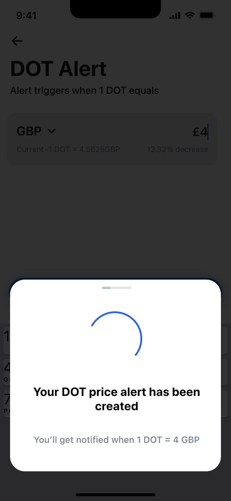 Crypto price alert created card.