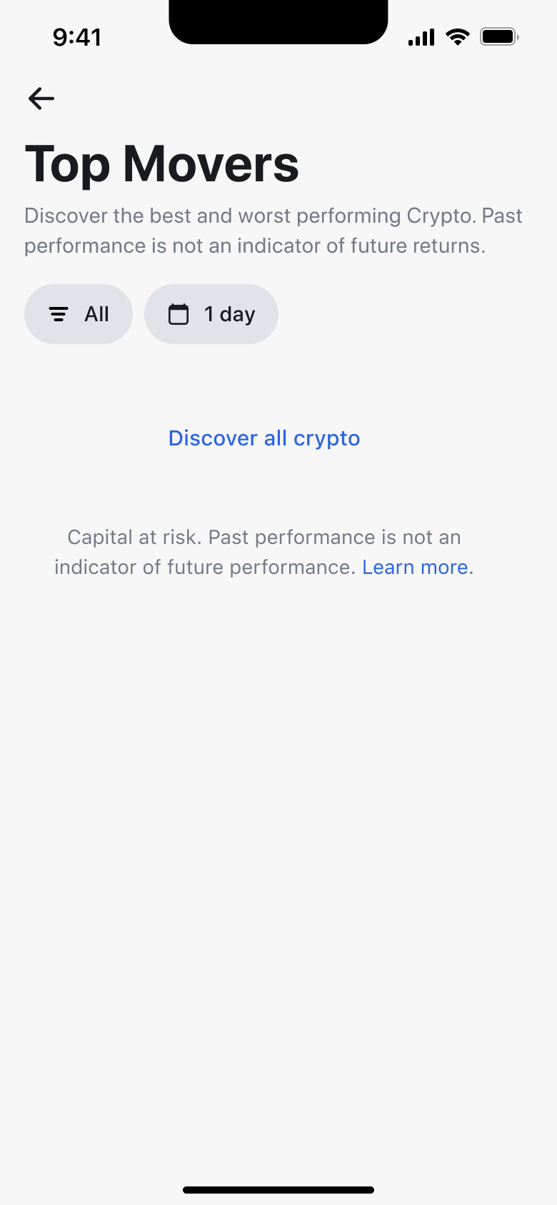 Top movers with filter chips and no results, discover all crypto button.