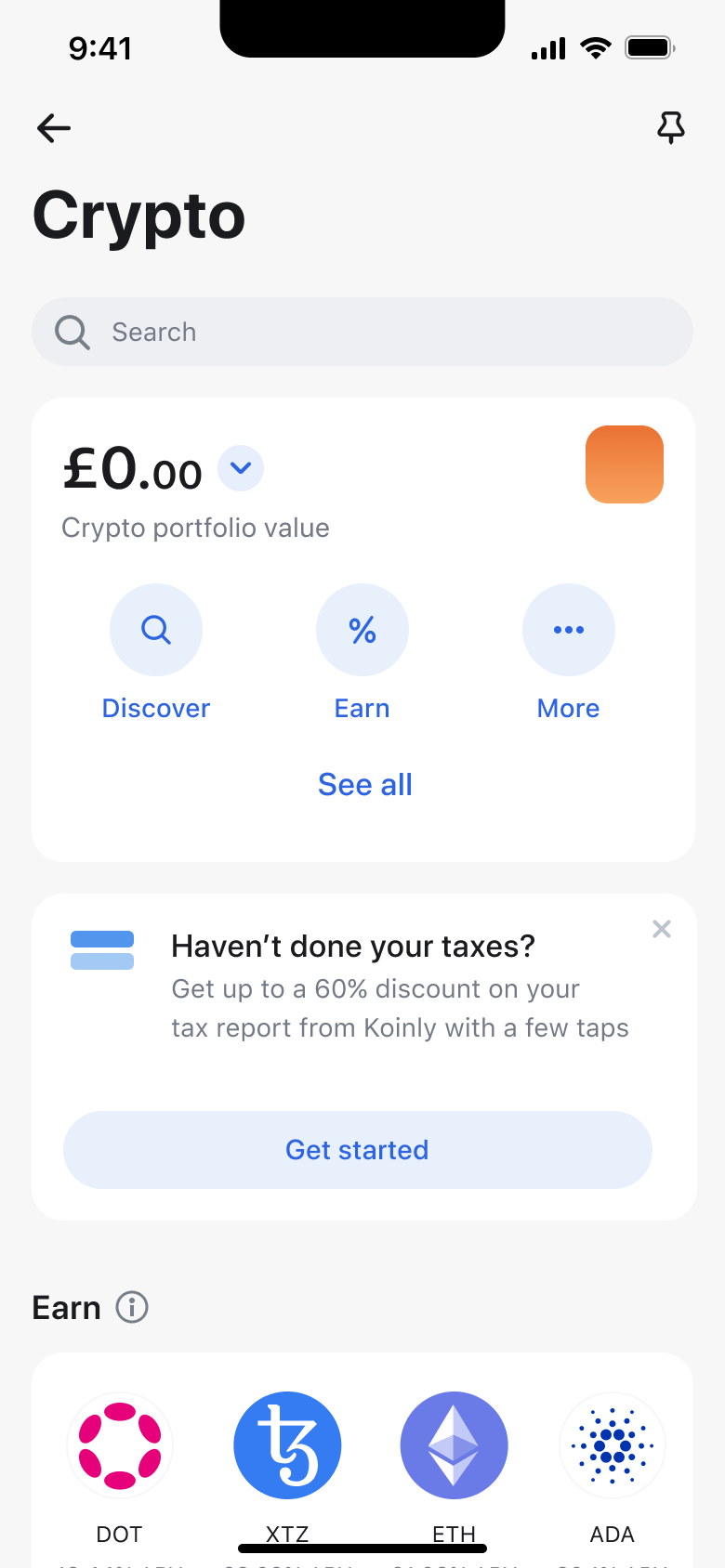 Crypto home: portfolio value, discover, earn and more actions, tax promo and earn tiles.
