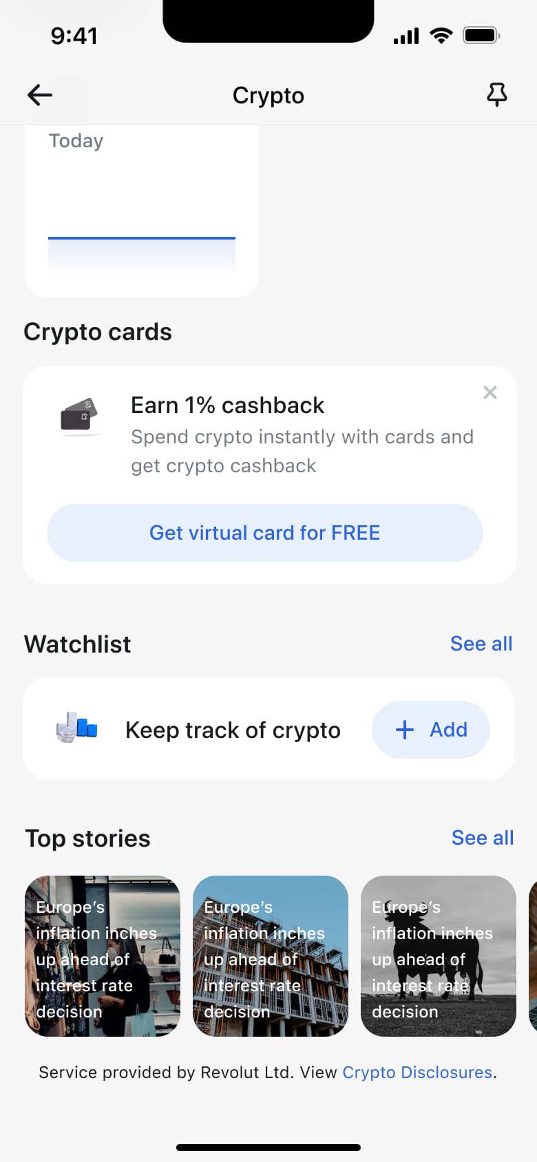 Crypto home scrolled: watchlist and top stories carousel.