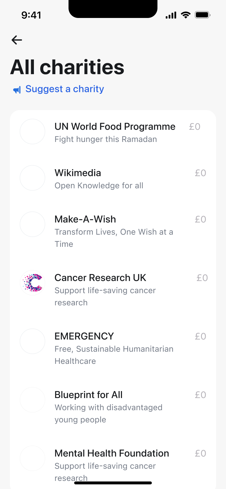 All charities list with suggest a charity link.