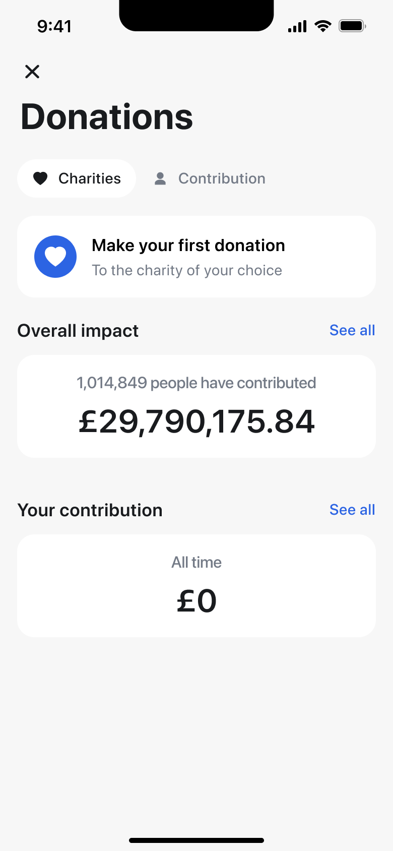 Donations contribution tab: make your first donation, overall impact total and your contribution.