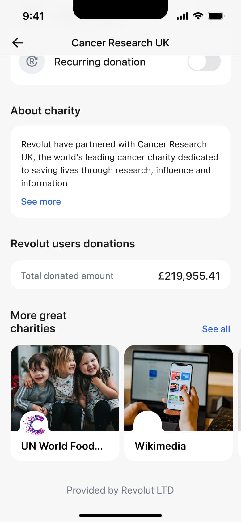 Charity detail scrolled: about, community donation total and more charities.