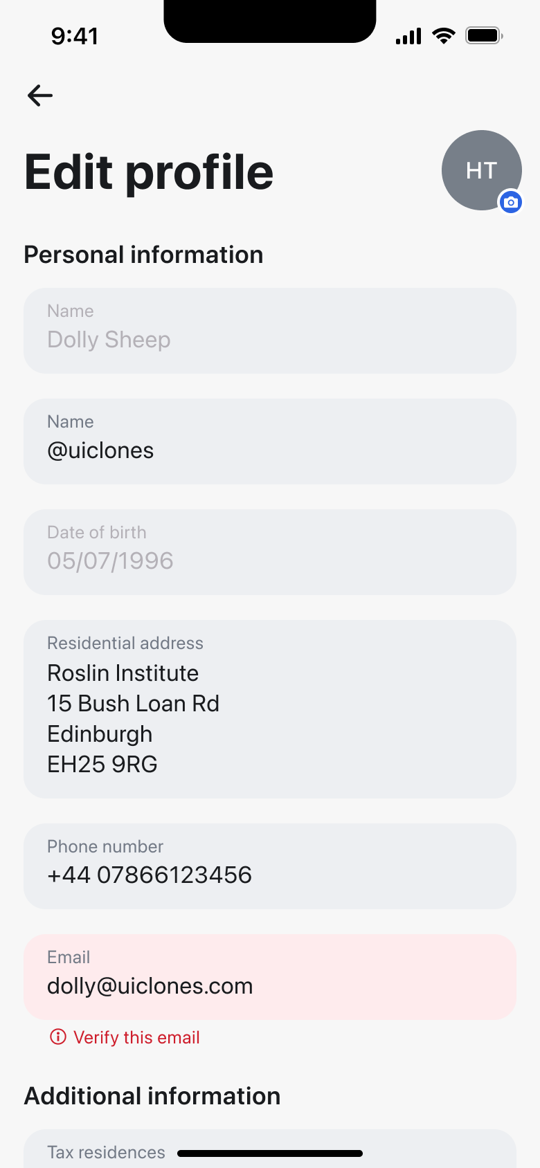 Revolut flow, step 1: edit profile 1