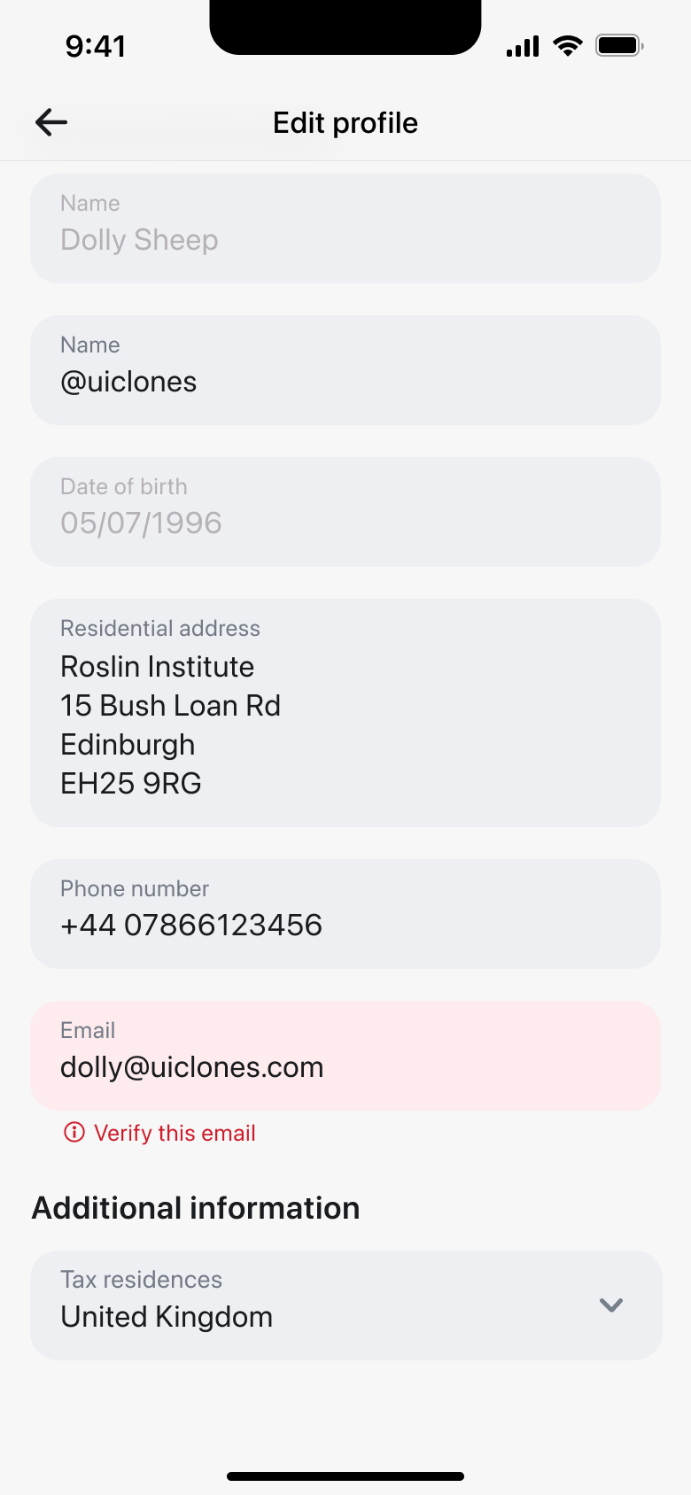 Edit profile scrolled to additional information and tax residence.