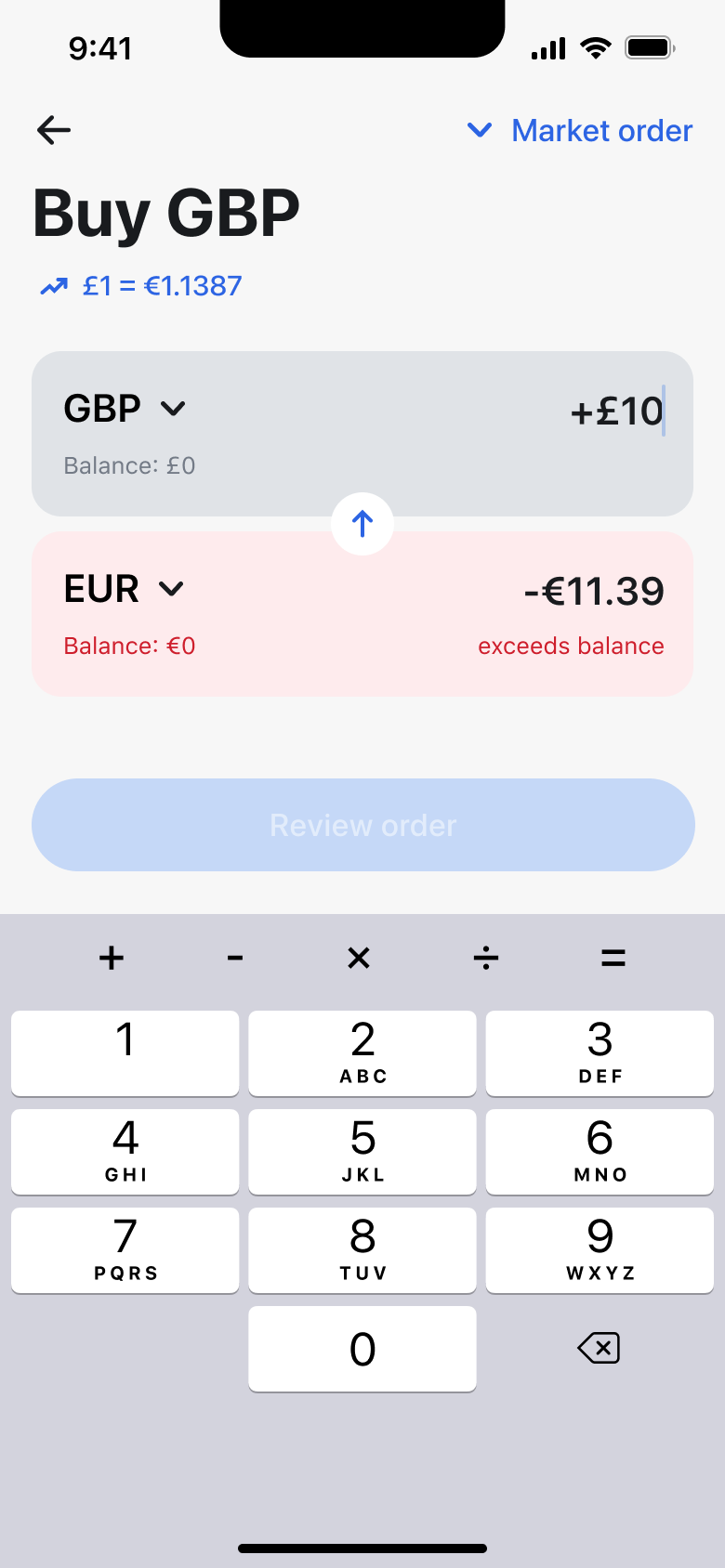 Exchange amount entered that exceeds balance.