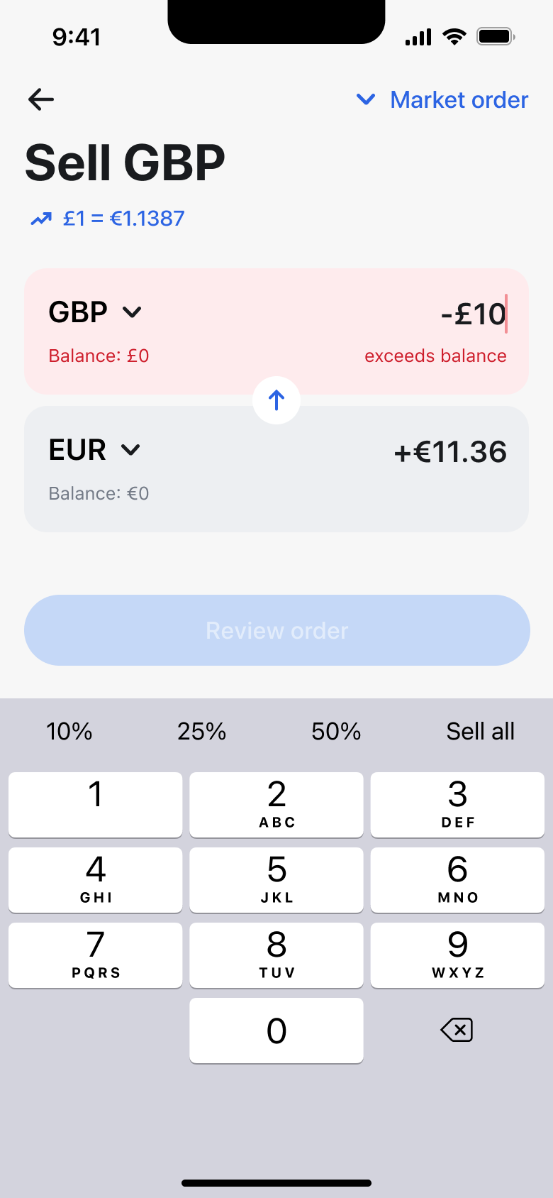 Sell currency mode with exceeds balance error and percentage chips.