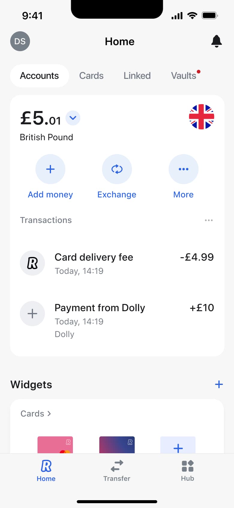 Home with balance, transactions and widgets section with cards.