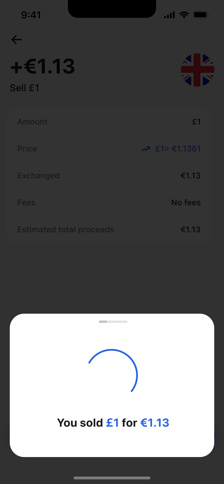 Exchange processed card confirming the amount sold.