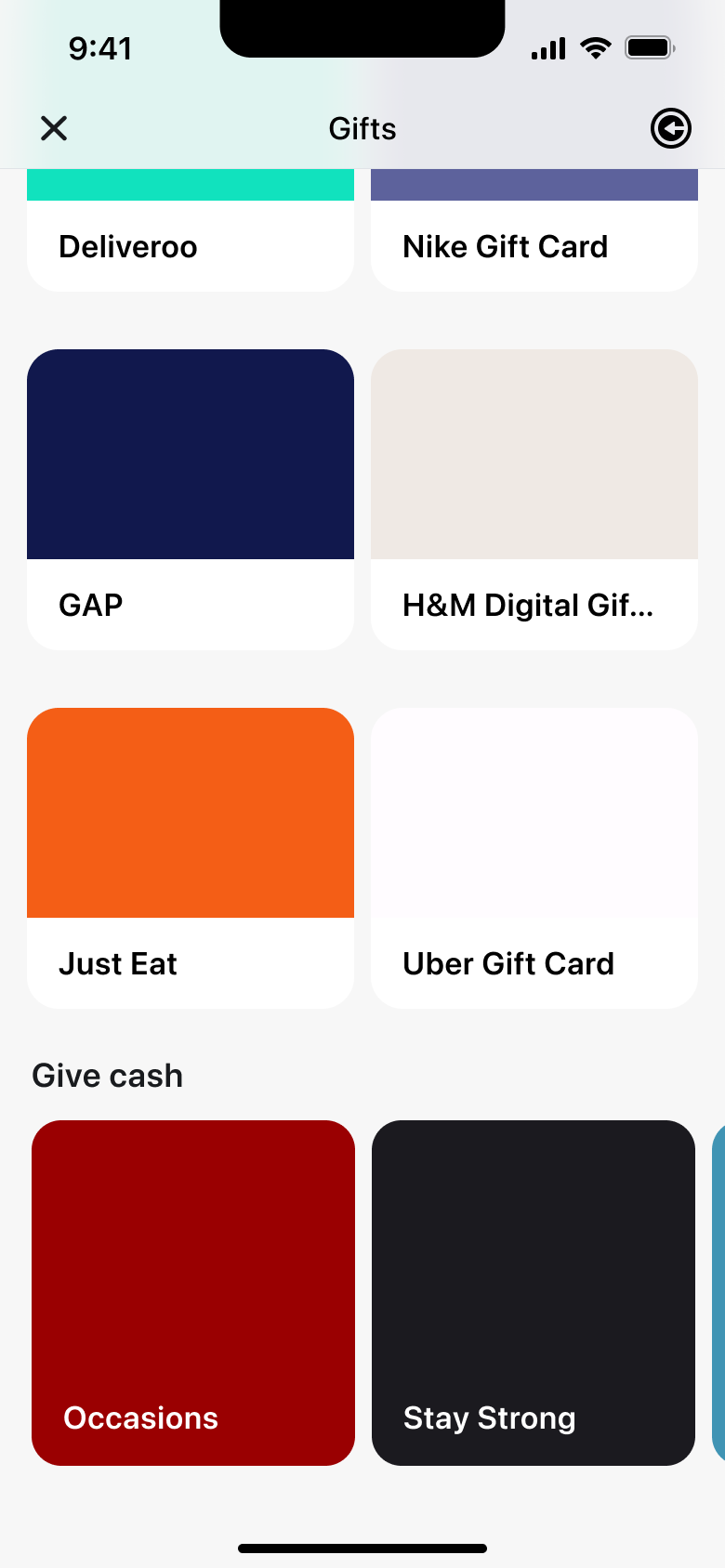 Gifts scrolled: gift cards and give cash themed tiles.