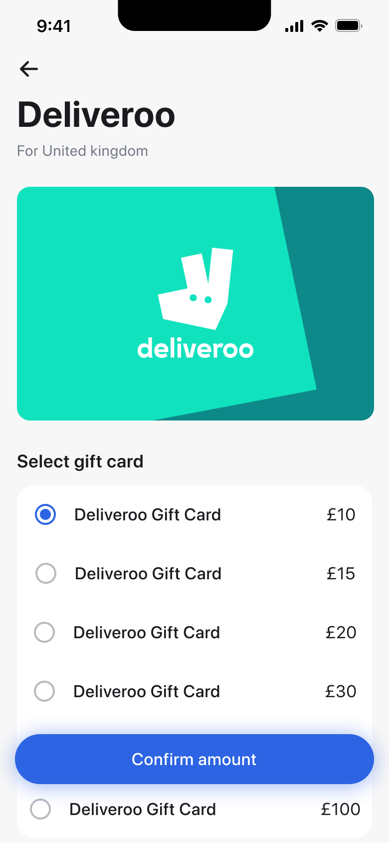 Gift card value selected, confirm amount enabled.