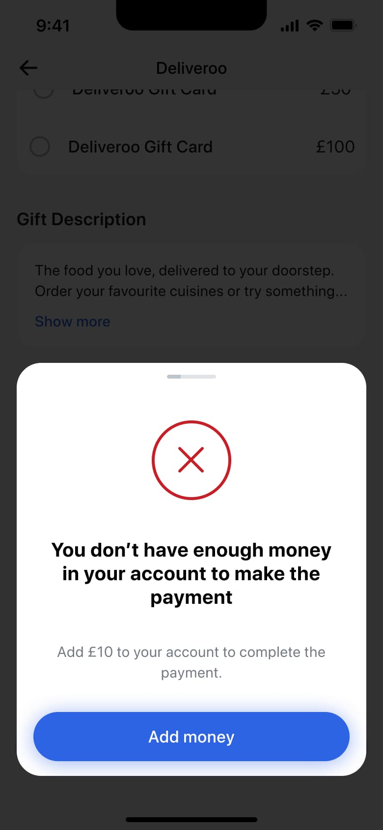 Not enough money to make the payment error with add money button.