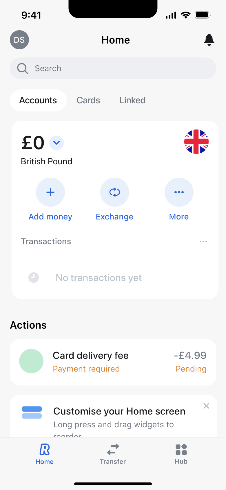 Home with balance, add money, exchange and more actions, no transactions and pending actions.