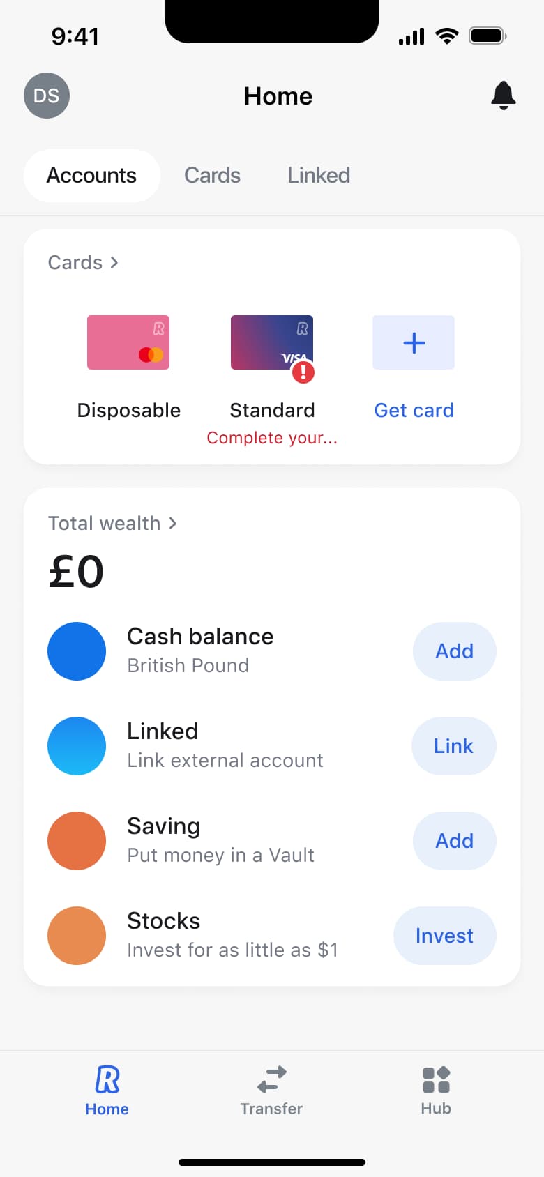 Accounts tab with cards row, total wealth and add or link rows for cash, savings and stocks.