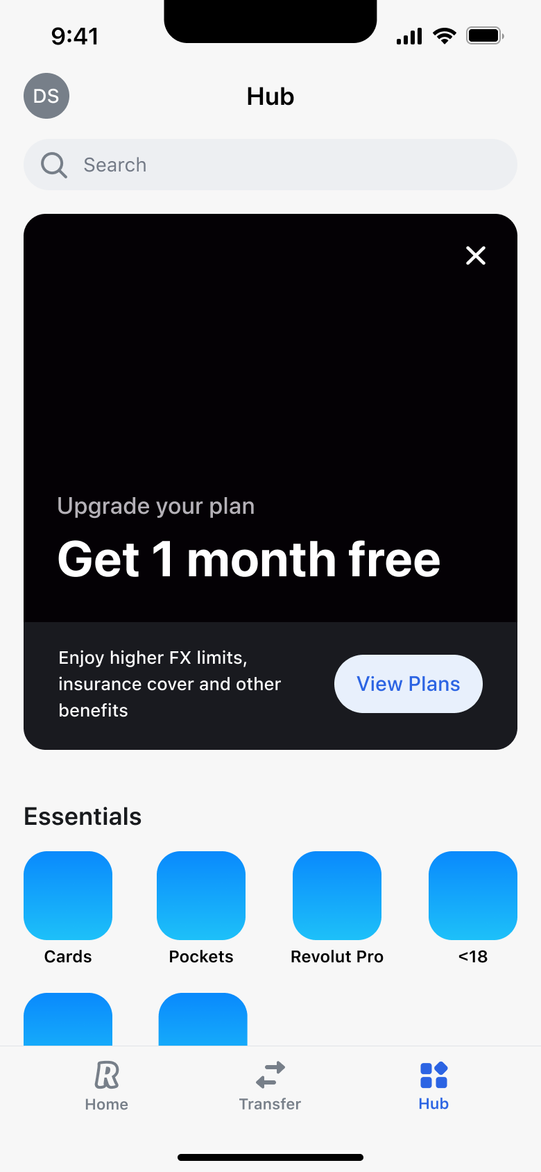 Hub: upgrade plan promo and essentials tiles.