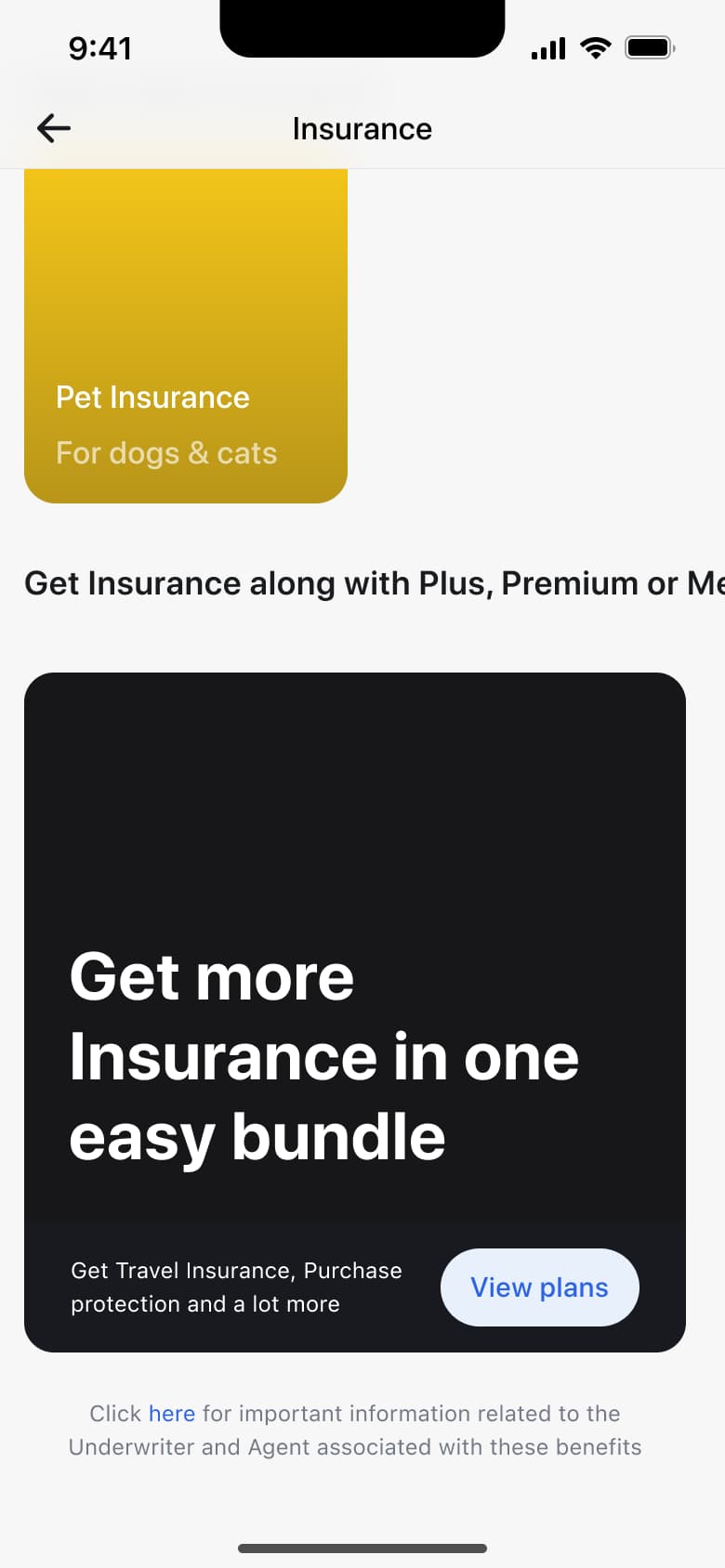 Insurance scrolled to plan bundle promo with view plans.