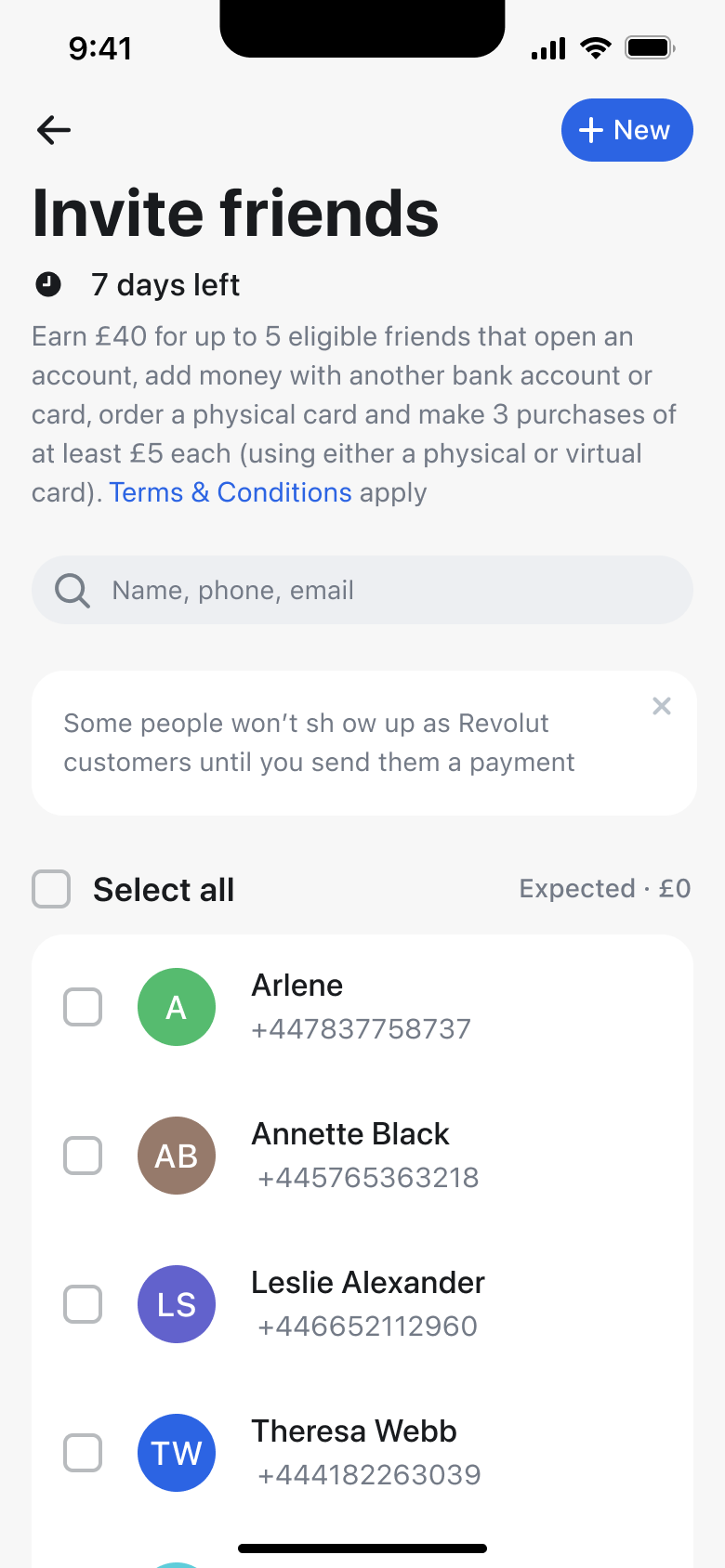 Invite friends: referral reward terms, contact search and selectable contacts.