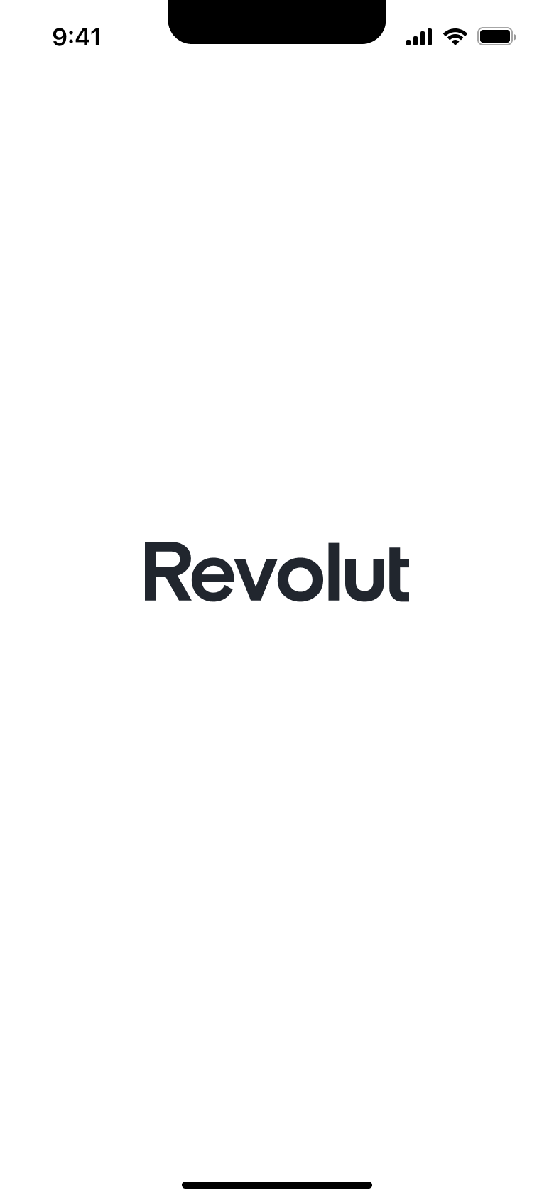 Launch screen with centred wordmark on white.