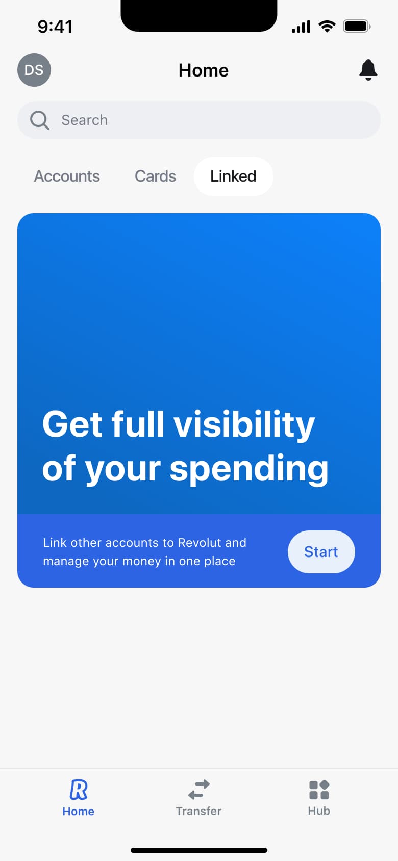 Linked tab promo: get full visibility of your spending with start button.