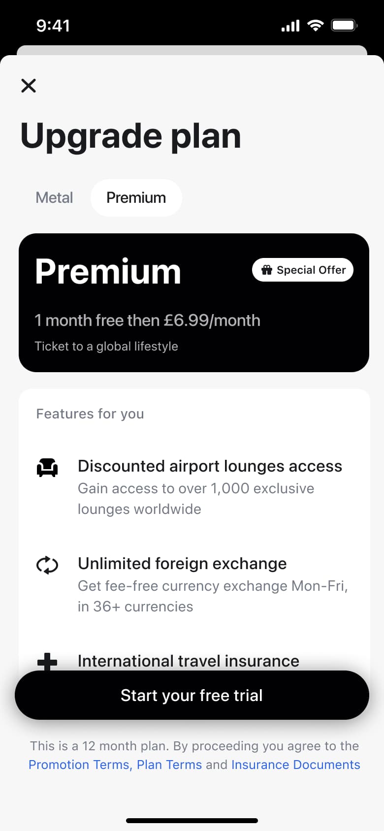 Upgrade plan paywall for a second tier with lounge access feature and free trial.