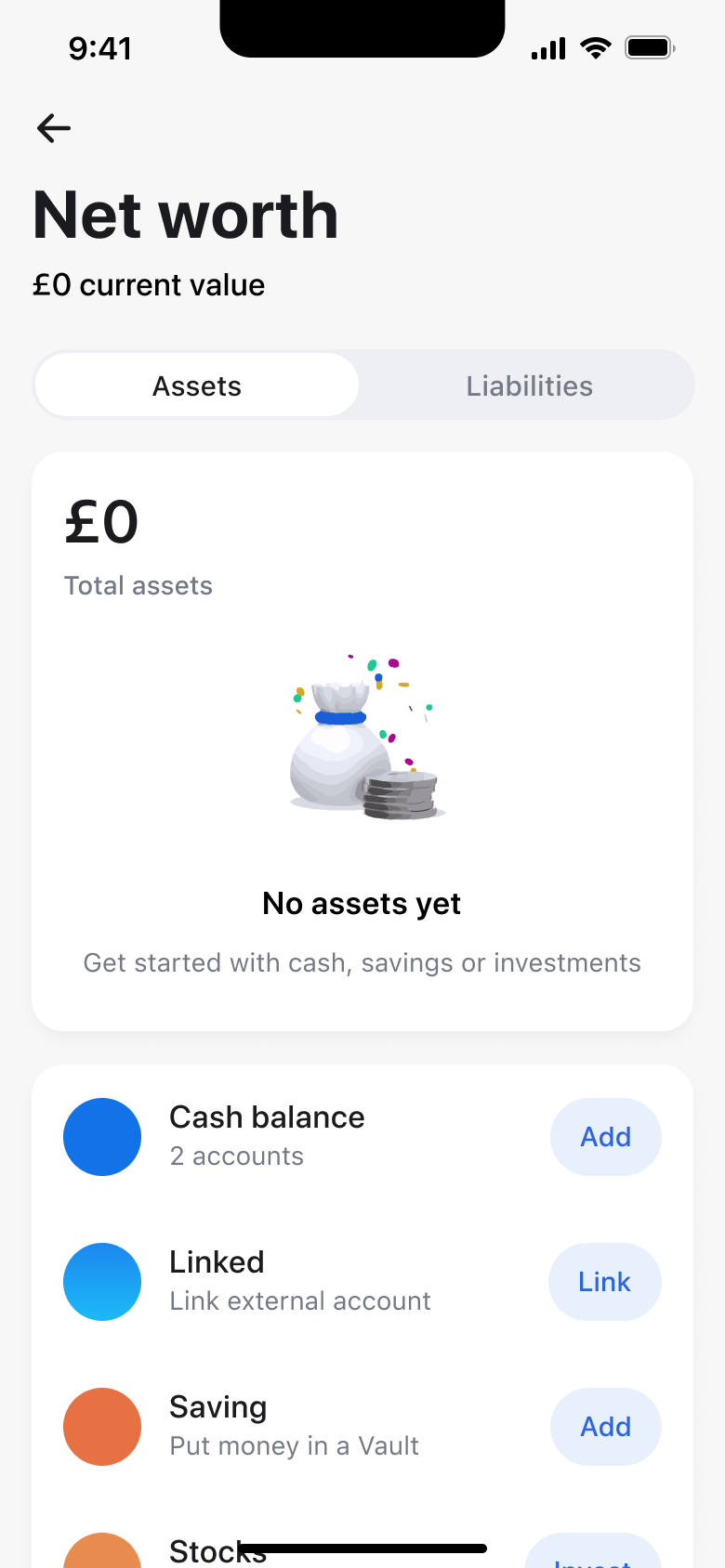 Net worth assets tab with no assets yet and add or link rows.