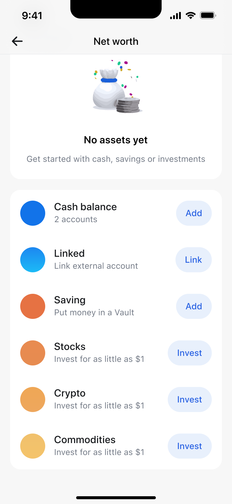 Net worth empty state scrolled with asset type rows to add or invest.