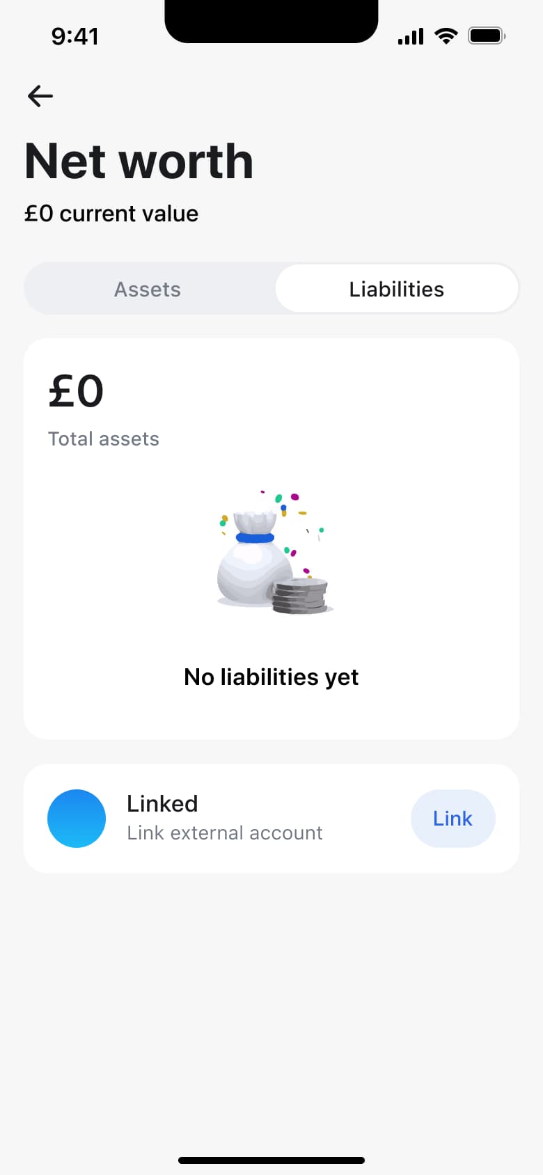 Net worth liabilities tab with no liabilities yet.