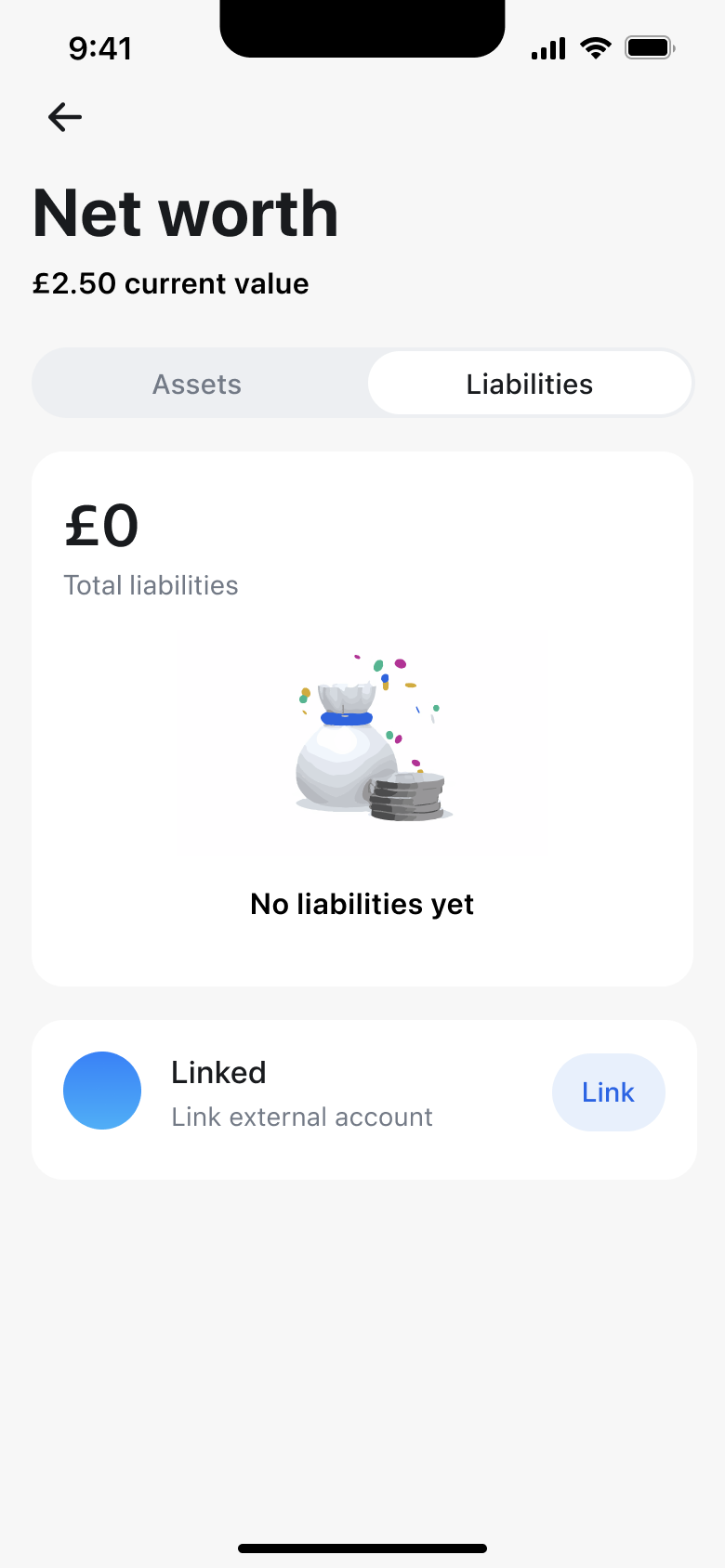 Net worth with balance, liabilities tab empty.
