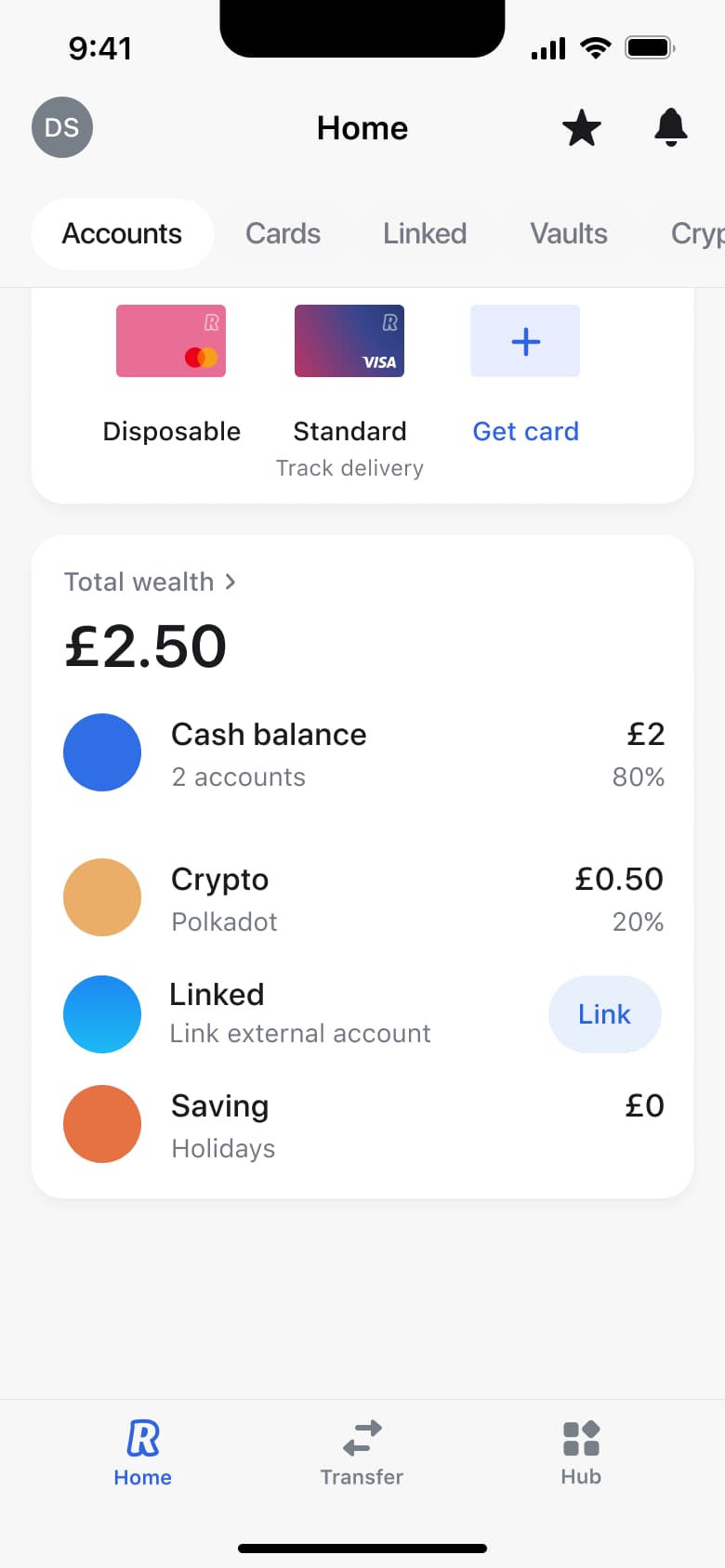 Home accounts tab with cards and total wealth breakdown rows.