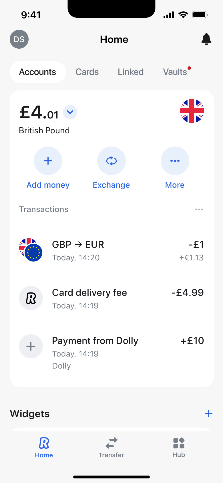 Home accounts tab with exchange and fee transactions.