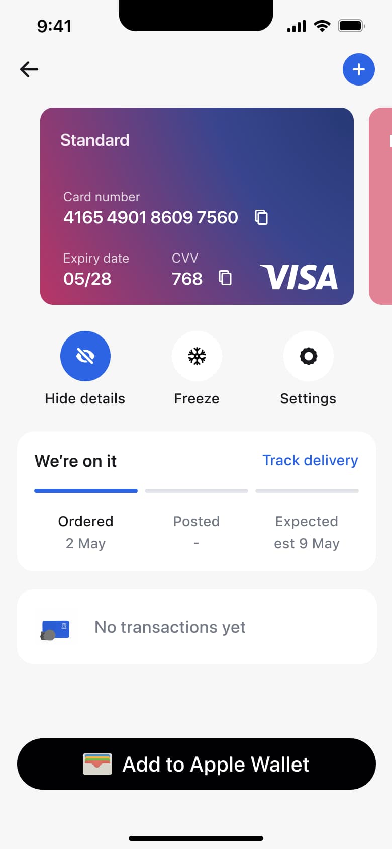 Card details revealed: card number, expiry and CVV with copy buttons.