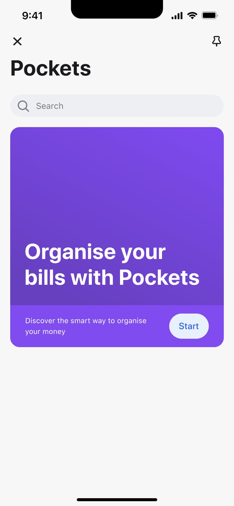 Pockets intro card: organise your bills with start button.